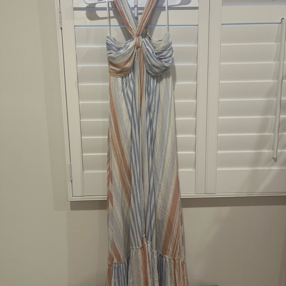 Fate Blue and Tan Ruched Halter Maxi Sundress